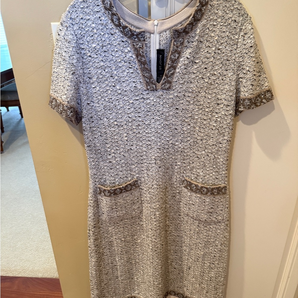 St. John Gray and Cream Textured Dress